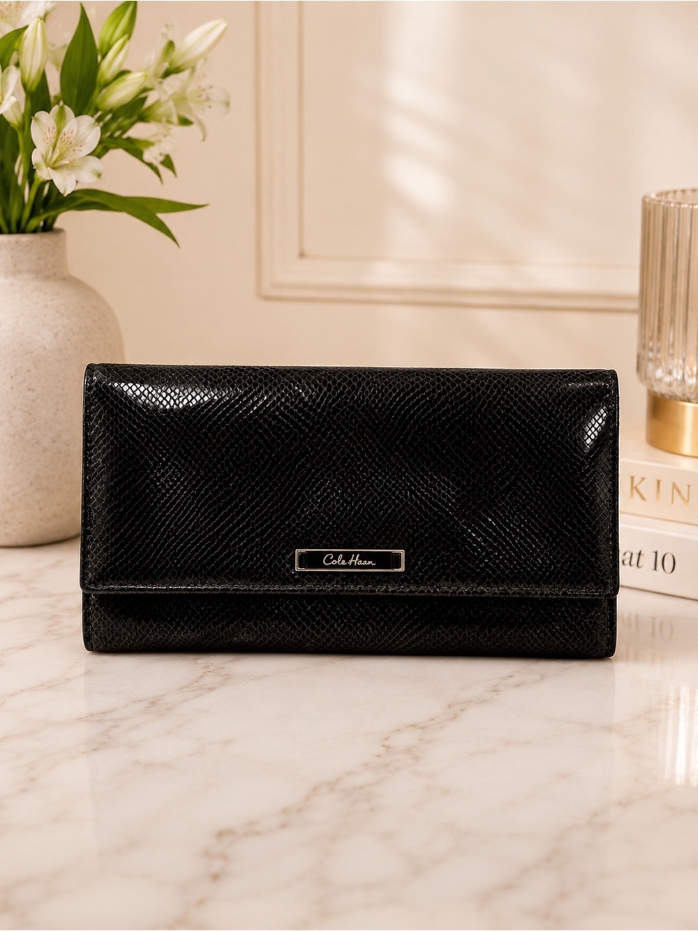 Cole Haan Black Snakeskin Leather Wallet Clutch Continental